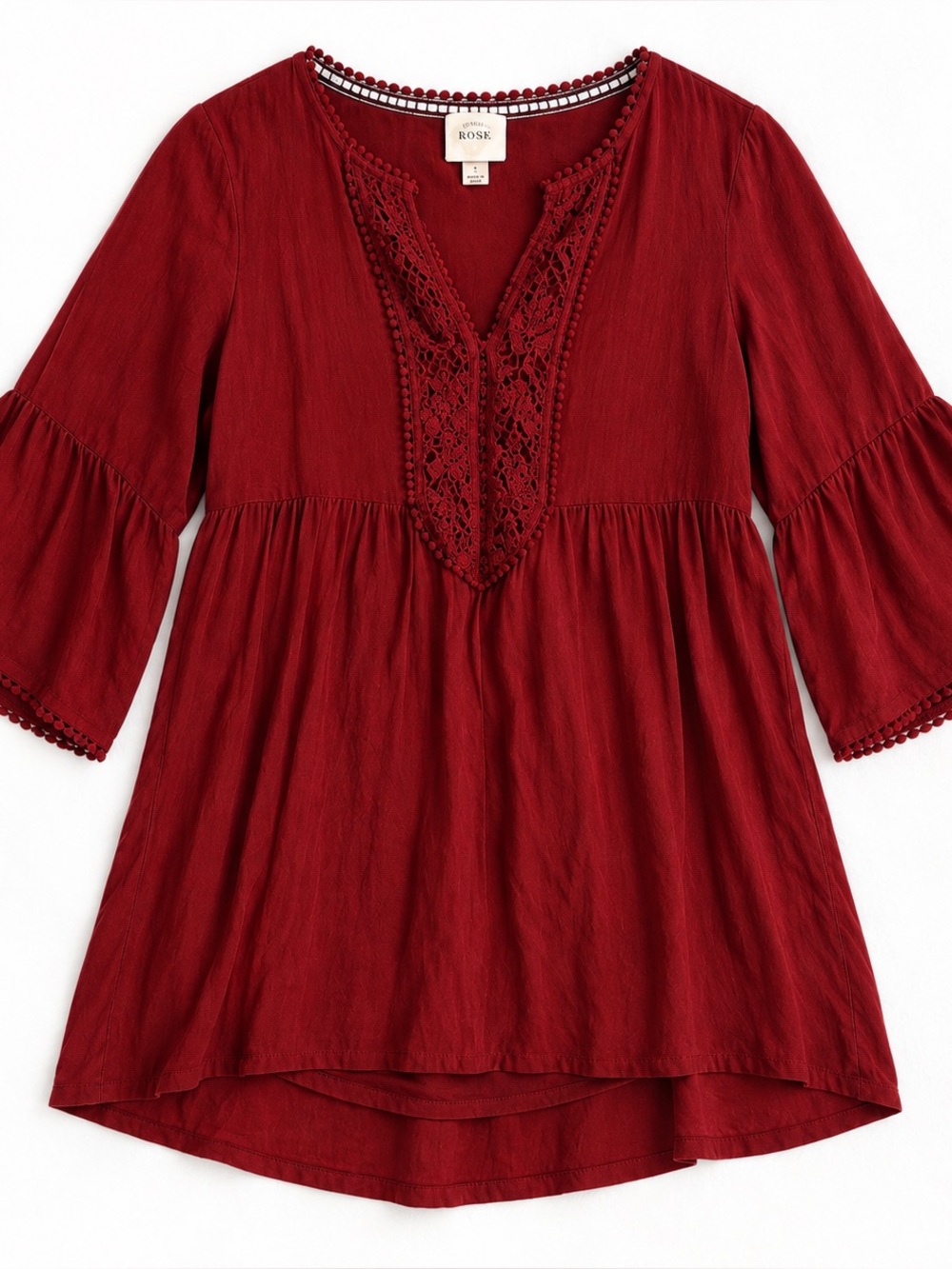 Knox Rose Burgundy Boho Crochet Lace Bell Sleeve Tunic Small
